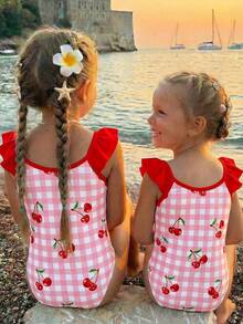 SHEIN 女婴休闲可爱美人鱼印花吊带泳衣，适合夏季穿着 - 彩色 - 查看 3