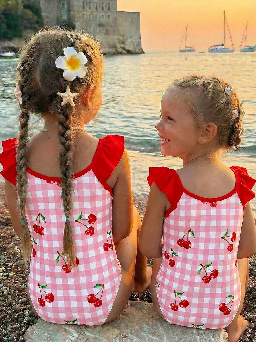 SHEIN Baby Girls Casual Cute Mermaid Print Camisole Swimsuit, Suitable For Summer