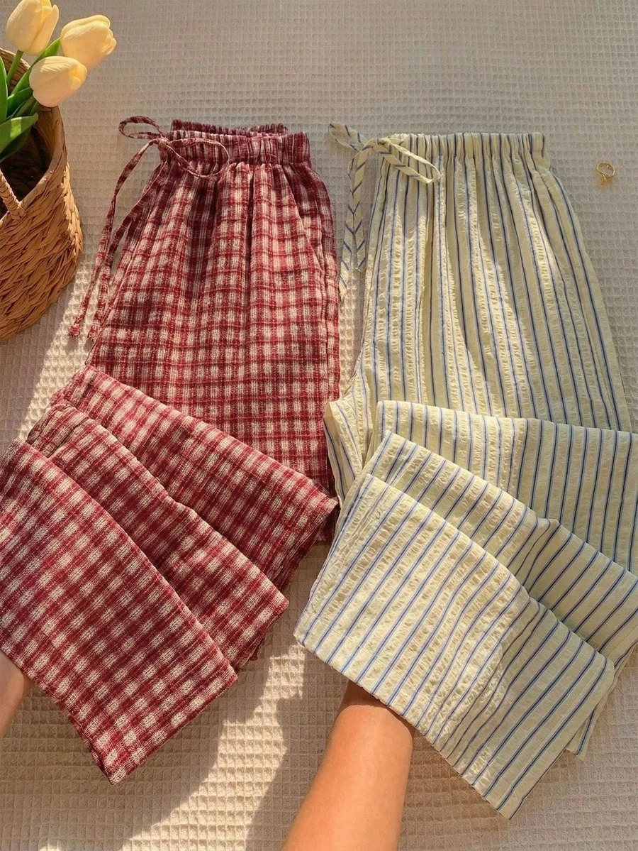 SHEIN EZwear 两件套格子条纹阔腿裤，音乐节格子裤，米色条纹抽绳编织裤，红色格子裤，米色条纹裤，女士夏季，女士春夏 - 彩色 - 查看 1