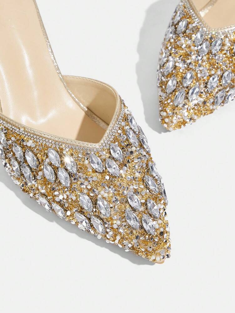 CUCCOO TILAWA Women Shoes Women's Fashion Pointed Metal Rhinestones Sparkling Evening Wedding Lightweight Daily Commuter Party Wind Outdoor Pedal Stiletto High Heel Shoes