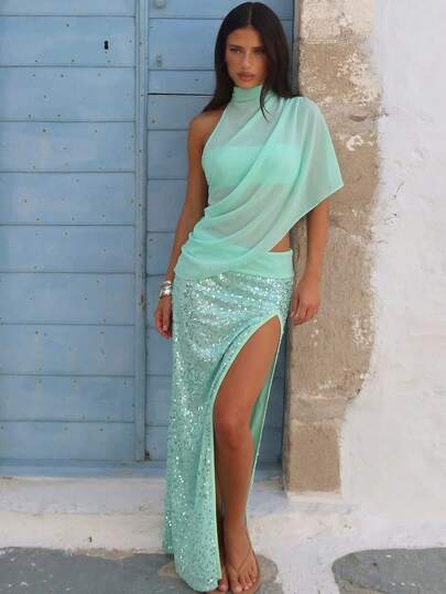 Aloruh Conjunto feminino romântico de duas peças: minissaia azul macaron com lantejoulas e blusa transparente. Look elegante para férias, ideal para festivais de música e encontros casuais.