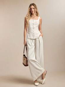 BizChic Bộ đồ công sở thành thị thời trang và thanh lịch mùa xuân/hè mới, gồm áo cardigan hai dây bằng vải lanh phối ren, mở phía trước và cúc hình nấm, quần ống ôm cạp chun, - trắng - Xem 5