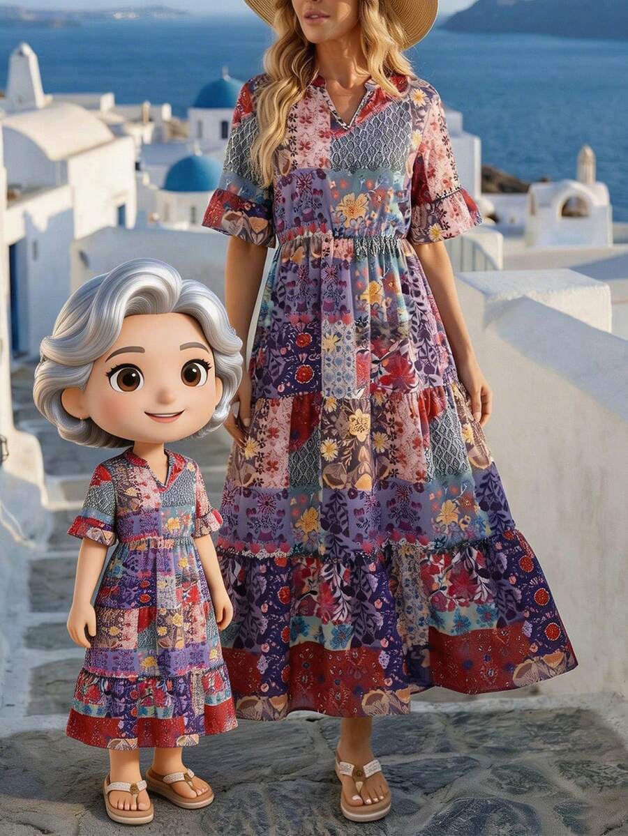 Faunlyn Women's Patchwork Pattern V-Neck Ruffle Hem Dress, Vacation Style - Multicolor - View 1