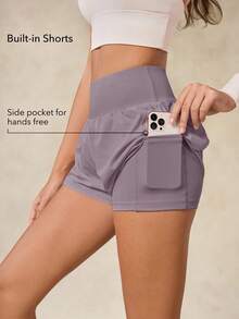 OutZeal 女士健身短裤 纯色春夏运动短裤 透气弹力高腰内置短裤 荷叶边下摆设计 运动下装 - 淺灰紫 - 查看 3