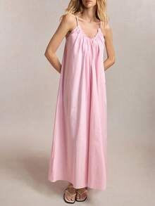 BizChic Summer New U-Neck Ruffle Trim Adjustable Spaghetti Strap Drawstring Back Tie Elegant City Commute Dress For Women - Pink - View 5