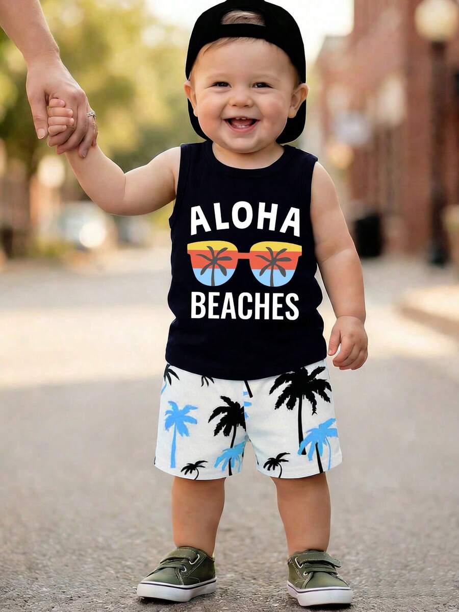 SHEIN Playful Pals 2pcs/Set Baby Boy Outfit, Fashionable Minimalist Sunglasses, Letter Print Tank Top, Palm Tree Print Shorts, Suitable For Summer Outings - Multicolor - View 1