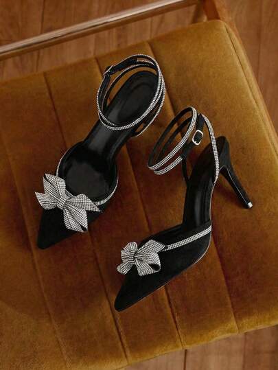 Women's Elegant Pointed Toe Solid Color High Heel Pumps With Fashionable Rhinestone Bow Decor And Sexy Cutouts,Elegant,Party,Stiletto Heels