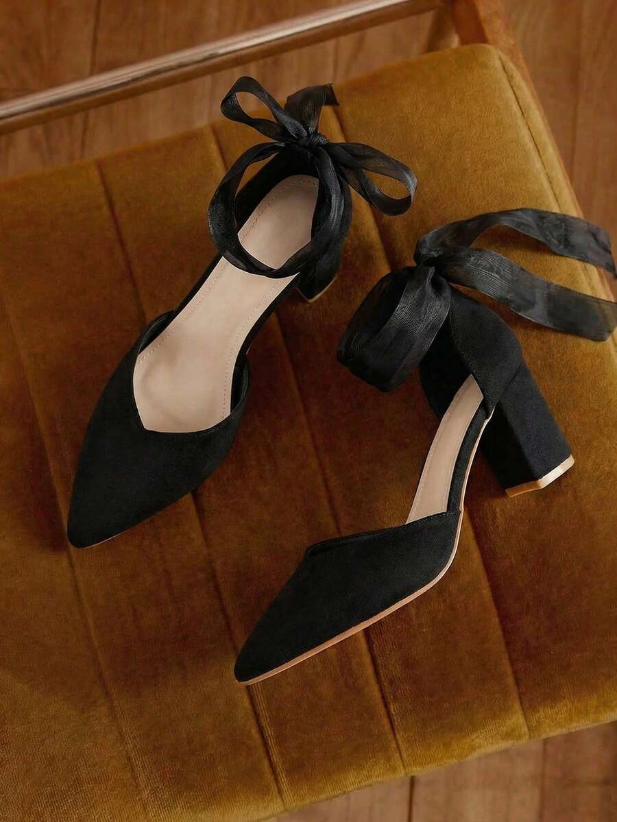 Giày cao gót mũi nhọn hở ngón thanh lịch, buộc dây thời trang, phù hợp cho mùa hè và mùa thu, gợi cảm, dành cho nữ, thanh lịch - màu đen - Xem 1
