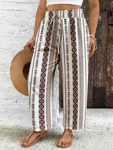 SHEIN VCAY Plus Size Women Vacation Geometric Print Drawstring Waist Pants - Multicolor - View 6