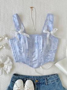 Comfortcana Shapewear Corset Blue Jacquard Elegant Court Corset, Noble Over Short Tops,Summer Top - Baby Blue - View 1
