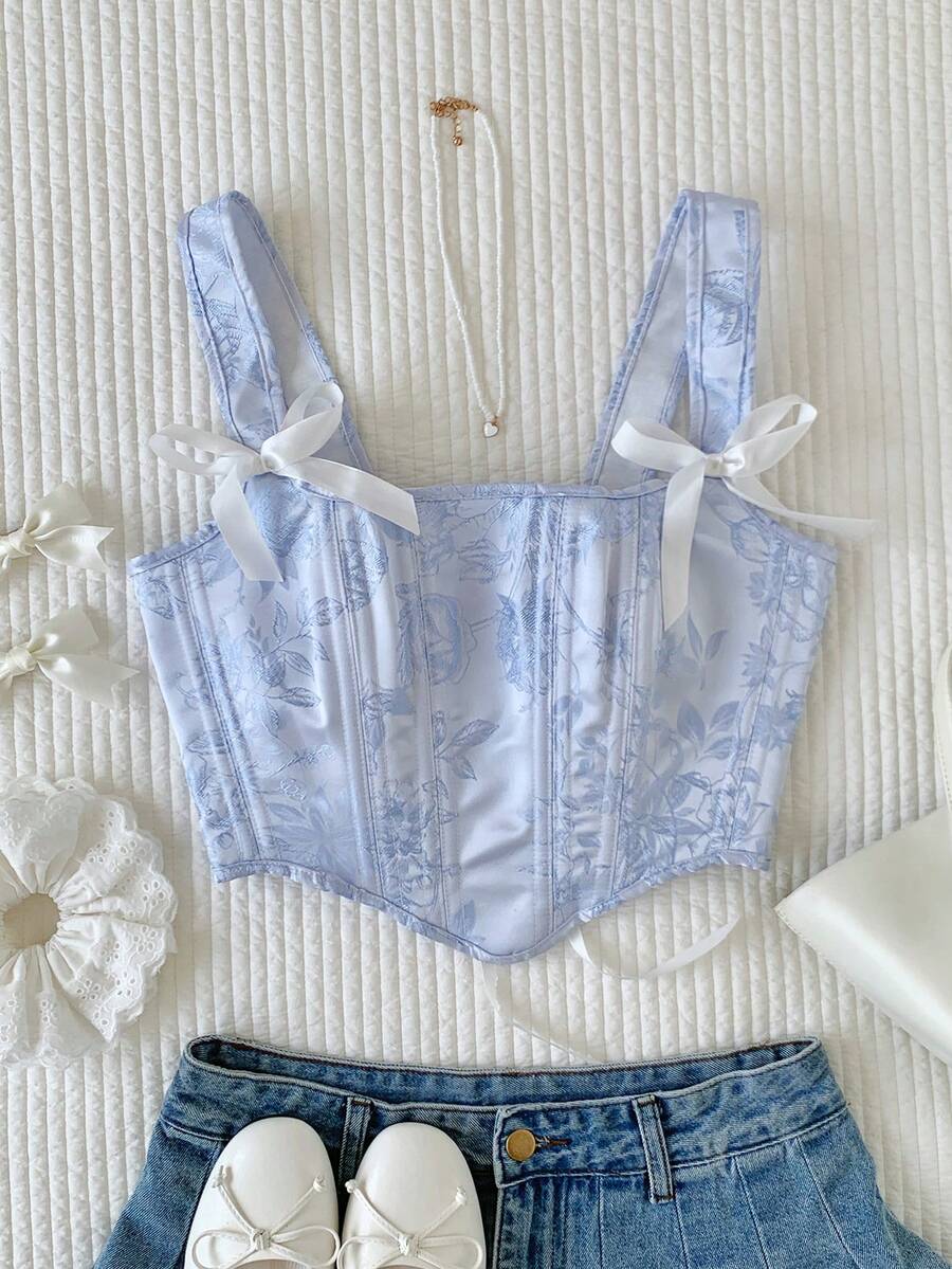 Comfortcana Shapewear Corset Blue Jacquard Elegant Court Corset, Noble Over Short Tops,Summer Top - Baby Blue - View 1