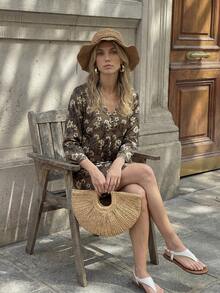 Hansera Women's Loose Printed Green Midi Vacation Dress - Green - View 4