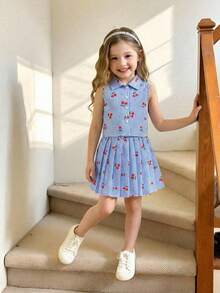 Set de 2 piezas con camisa sin mangas con estampado de cuadros azules y cerezas, combinada con falda plisada a cuadros, adecuado para salidas de primavera/verano, vacaciones y uso diario - Multicolor - Ver 3