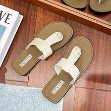 Sandalias de mujer versátiles y a la moda al estilo coreano, sandalias de mujer con adornos de perlas, nuevos diseños de chanclas para primavera-verano, sandalias de playa de mujer sin tacón, sandalias de mujer, chanclas de mujer, chanclas de mujer - Beis - Ver 6