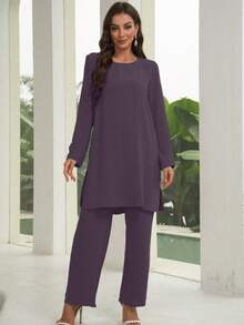 Al Najma 2pcs Women's Solid Color Crew Neck Long Sleeve Top And Loose Straight Leg Casual Pants Set 2 Piece Set - Purple - View 5