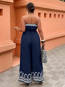 SHEIN LUNE Jumpsuit Wanita Ukuran Besar Tanpa Tali dengan Ikat Pinggang, Motif Cetak, Cocok untuk Liburan dan Pakaian Sehari-hari, Musim Semi/Panas - Navy Blue - View 2