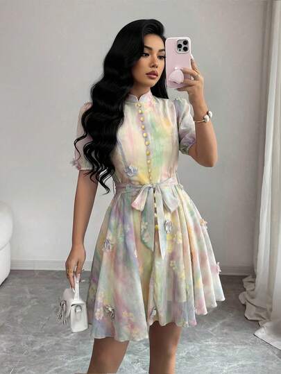 Modelyn Vestido corto de mujer con estampado tie-dye floral 3D, cintura con lazo, manga corta, romántico y elegante para vacaciones