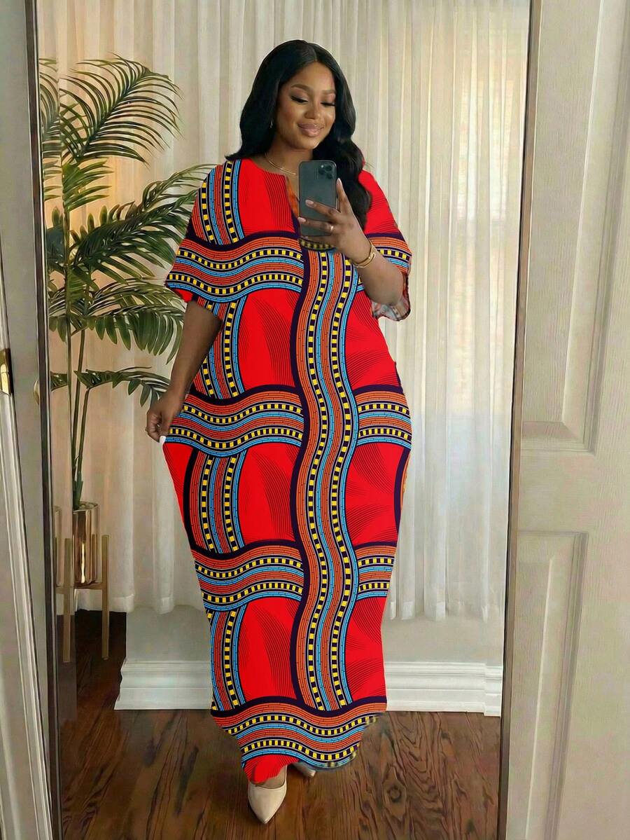 SHEIN Lady 春夏休闲优雅波西米亚风红色编织缺口直筒蝙蝠袖长款卡夫坦连衣裙，中长款短袖大码连衣裙 - 紅色 - 查看 1