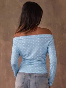 SHEIN BAE 女士波点印花不对称肩长袖时尚T恤 - 淺藍色 - 查看 2