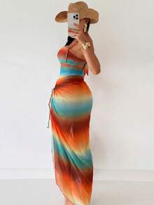 Swim SXY Bộ bikini 3 món mùa hè mới dành cho nữ, gồm áo croptop dây buộc gradient và váy buộc hông, thích hợp cho tiệc biển, trang phục đi biển, trang phục dự tiệc, đồ hai mảnh nghỉ dưỡng, váy đi nghỉ mát, bộ bikini kèm áo khoác ngoài, bộ 2 mảnh áo khoác ngoài bikini, trang phục đi biển, váy đi biển cho nữ. - Nhiều màu - Xem 2