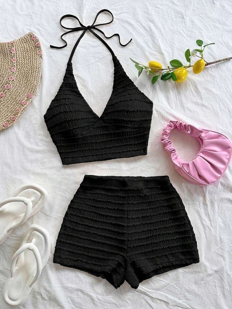 Soleia Conjunto de 2 piezas de top de punto texturizado con escote en V y tirantes finos de color amarillo claro, y shorts, estilo romántico y campestre, bohemio, floral romántico, para vacaciones - Negro - Ver 1