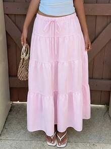 SHEIN EZwear 女士条纹半身裙，适合夏季度假，女士度假套装，夏季长裙，女士夏季服装，女士半身裙，女士长裙 - 粉色 - 查看 4