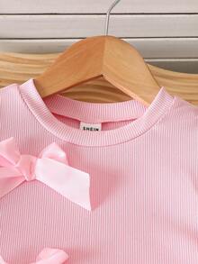 SHEIN Playful Pals 2pcs/Set Young Girls Summer Casual Outfit,Light Pink Ribbed Sleeveless T-Shirt With 3D Ribbon Bow Decor & Blue Denim Shorts,School Cute Clothes Set - Pink - View 4