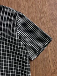 SWAVVY 春夏男士中性翻领单排扣字母印花百搭休闲短袖格子衬衫 - 黑色 - 查看 3