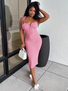 Alexandranx Women Dresses Simpul Dasi Depan Lettuce Trim Ruched Bust Plain Casual - Berwarna merah muda - View 6