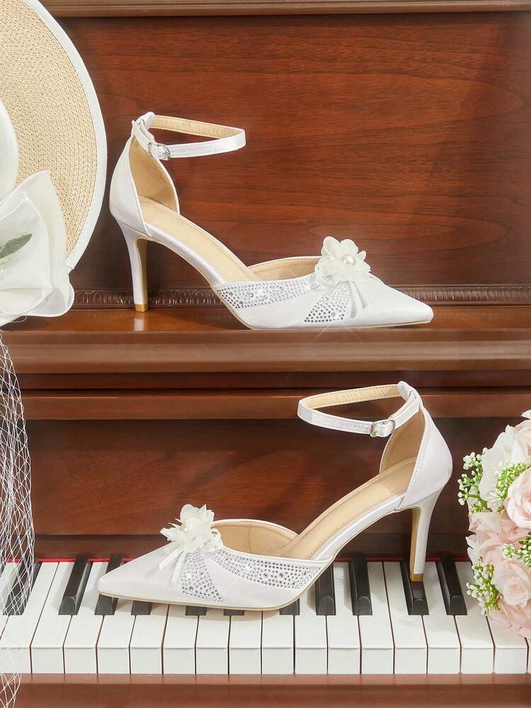 CUCCOO HITCHD Women Shoes Wedding Season Women's Shoes White Satin Pearl Flower Decoration Women's High Heels Shoes Shiny Rhinestones With Wedding Style Women's Shoes Valentine's Day Sexy Wear