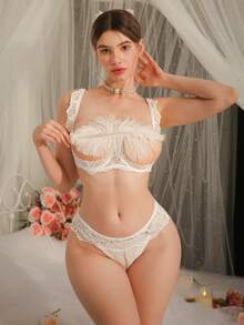 DelicateAllure 2 件套女士对比色蕾丝性感内衣套装（带钢圈）适合外出 - 白色 - 查看 1