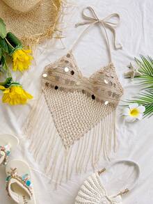 Soleia Áo hai dây dệt kim cổ buộc dây, phối sequin, tua rua, viền tua rua, gợi cảm dành cho nữ, thích hợp cho kỳ nghỉ biển. - Màu be - Xem 5