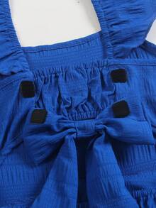 SHEIN Sparklyn Mono sin mangas para niñas, diseño de espalda hueca, gran lazo decorativo, manga corta, adecuado para uso casual en primavera y verano - Azul - Ver 4