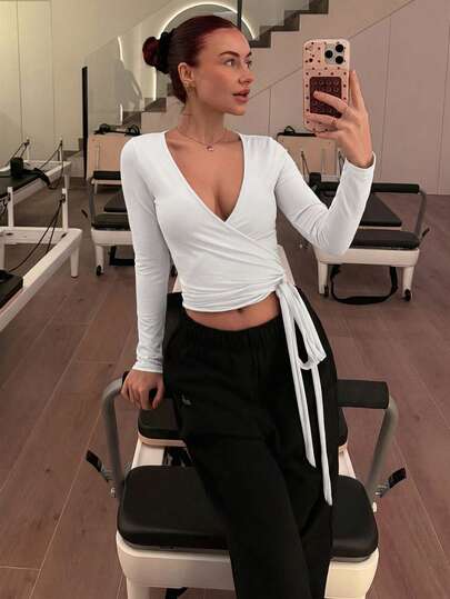 Abrilcols Soft, High Elasticity Pink Yoga Fitness Sports Wrap V-Neck Long Sleeve Crop Top, Fashion, Casual, Elegant All-Match Essential Design For Women, Spring & Autumn Fall Cloth For Women