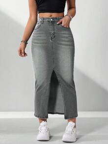 Flexra Chân váy denim ôm dáng, xẻ tà cao, thích hợp cho nữ đi làm hàng ngày. - Xám - Xem 1
