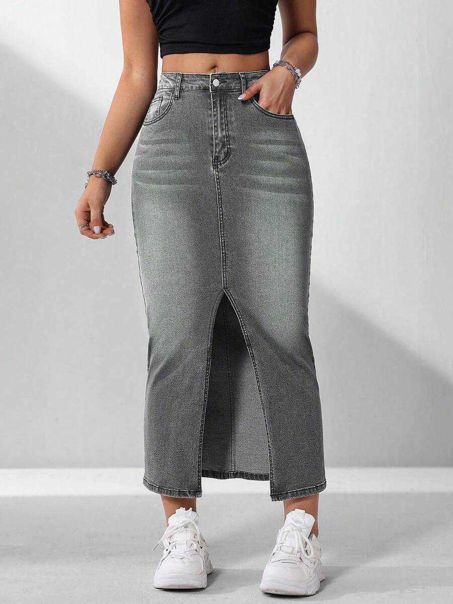 Flexra Chân váy denim ôm dáng, xẻ tà cao, thích hợp cho nữ đi làm hàng ngày. - Xám - Xem 1
