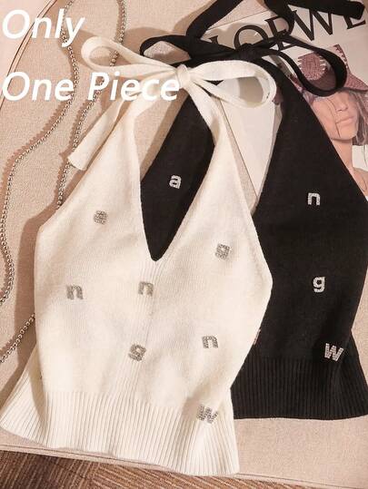 SHEIN Holidaya American-Style Metal Button Halter Top, Sexy And Charming, Fashionable And Unique Design, Knitted Sweater For Women, Versatile Summer Top, Elegant And Slimming High-Quality Basic Knitted Sweater, Retro And Elegant Women's Knitted Top And Sweater, Versatile For Commuting And Everyday Wear, White Knitted Top, Women's Date And Party Outfit Set.Graduation Season Attire, Fashionable Casual Commuter Wear, Business Office Wear, Versatile And Stylish Everyday Casual Wear, Urban Teacher's Professional Attire