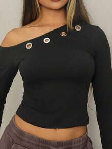 Rayane Ketlyn Camiseta de manga larga ajustada con decoración de ojales, para principios de otoño - Negro - Ver 3