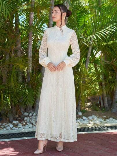 Andrea Bello 女士纯色蕾丝灯笼袖优雅连衣裙适合节日聚会服装长款女士服装