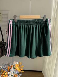 SHEIN Comfortcana Plus Size Casual Sports Style Retro American College Ribbed Shorts Shorts With Stripes Green Festival Athletic Shorts Casual Shorts For Women Green Shorts Women Shorts Teal - Green - View 7