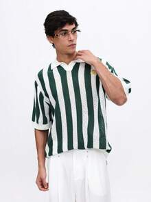 SUMWON 男士短袖针织Polo衫，经典领型，条纹图案设计，休闲春夏上衣 - 綠色 - 查看 5