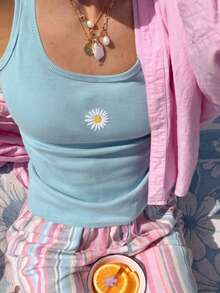 EMERY ROSE Women's Regular Daisy Embroidered Ribbed Camisole - Multicolor - View 3