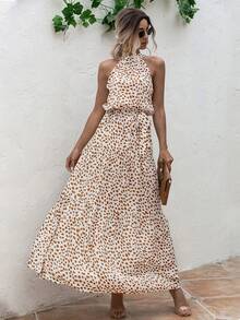 Breezaya Đầm Maxi In Nhiều Lớp Viền Thắt Lưng Halter Trang Phục Đi Biển Cho Nữ - trắng - Xem 4