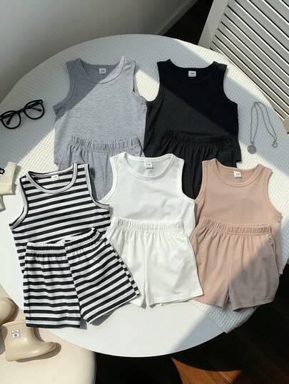 10pcs/Set Baby Boy Summer Cute Casual Knit Vest & Shorts Set, Basic Multi-Pack