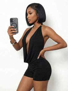 BamGleam 女士纯色深V领露背吊带上衣和紧身迷你裙性感两件套 - 黑色 - 查看 8