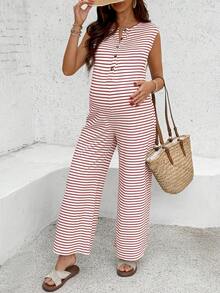 SHEIN Sommer Outfits, Umstandsmode, Umstandsoverall, lässiger gestreifter ärmelloser Umstandsoverall, rot-weiß farblich abgesetzter lässiger, locker sitzender Umstandsoverall, gestreifter Jumpsuit zum Stillen, lässiger Jumpsuit Sommer Jumpsuit Sommer Outfits für Frauen, Umstandsmode Sommer Outfits, Umstandssommerkleid, lässige Umstandskleider - Rot - Übersicht 3