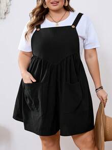 SHEIN CURVE+ Kích cỡ US22, phù hợp cho lễ hội âm nhạc, kỳ nghỉ bên bờ biển, phong cách bohemian. Bộ jumpsuit xếp ly màu trơn, kiểu dáng thường ngày dành cho nữ cỡ lớn, thích hợp cho mùa xuân và mùa hè, với thiết kế hai túi. - màu đen - Xem 8