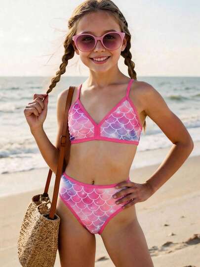 SHEIN 少女复古撞色交叉绑带比基尼套装，印花，适合海滩度假