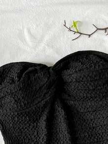 SHEIN 少女两件套露背上衣和超短裤套装，粉色休闲度假纹理套装，适合夏季、居家、青少年穿着 - 黑色 - 查看 2