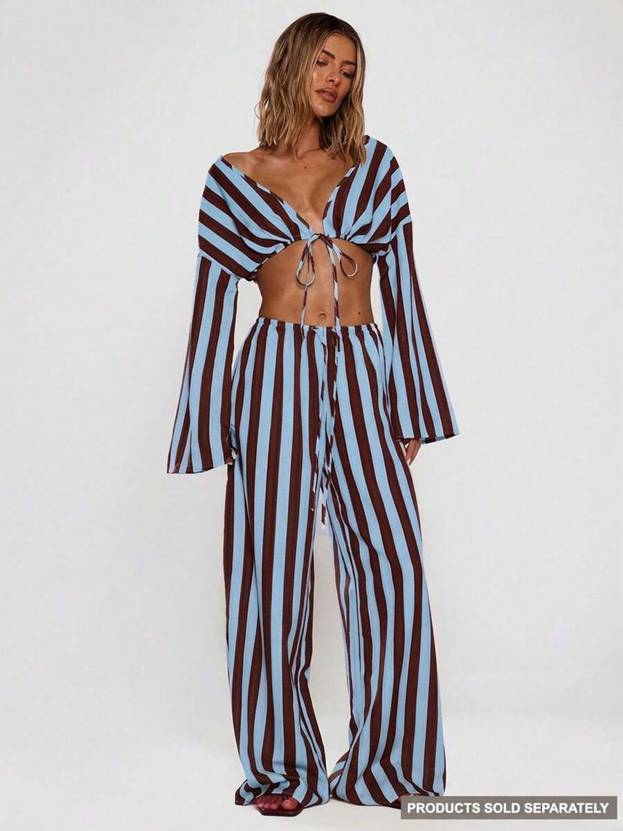 MUSERA Women Pants Wide Leg Stripe Linen Look Trouser Holiday Linen Pant Summer Beach Vacation Party Spring Carnival - Blue - View 1